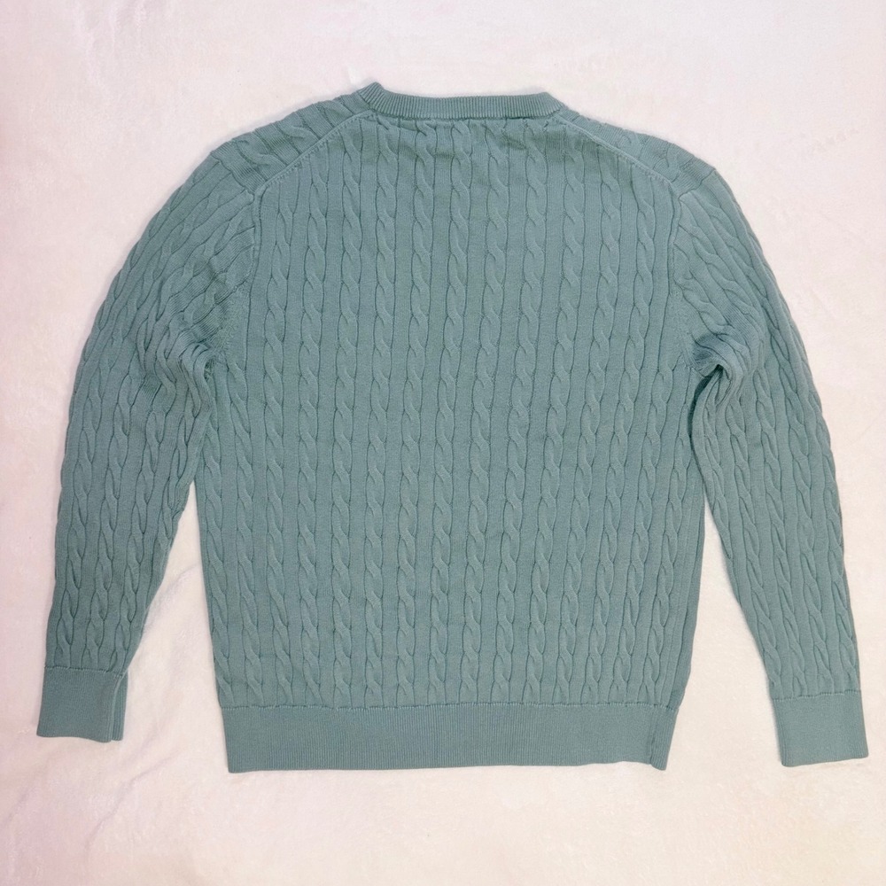 J.CREW Cable Knit Sweater Mens Medium Green Cotton Crewneck Fisherman - Picture 8 of 11